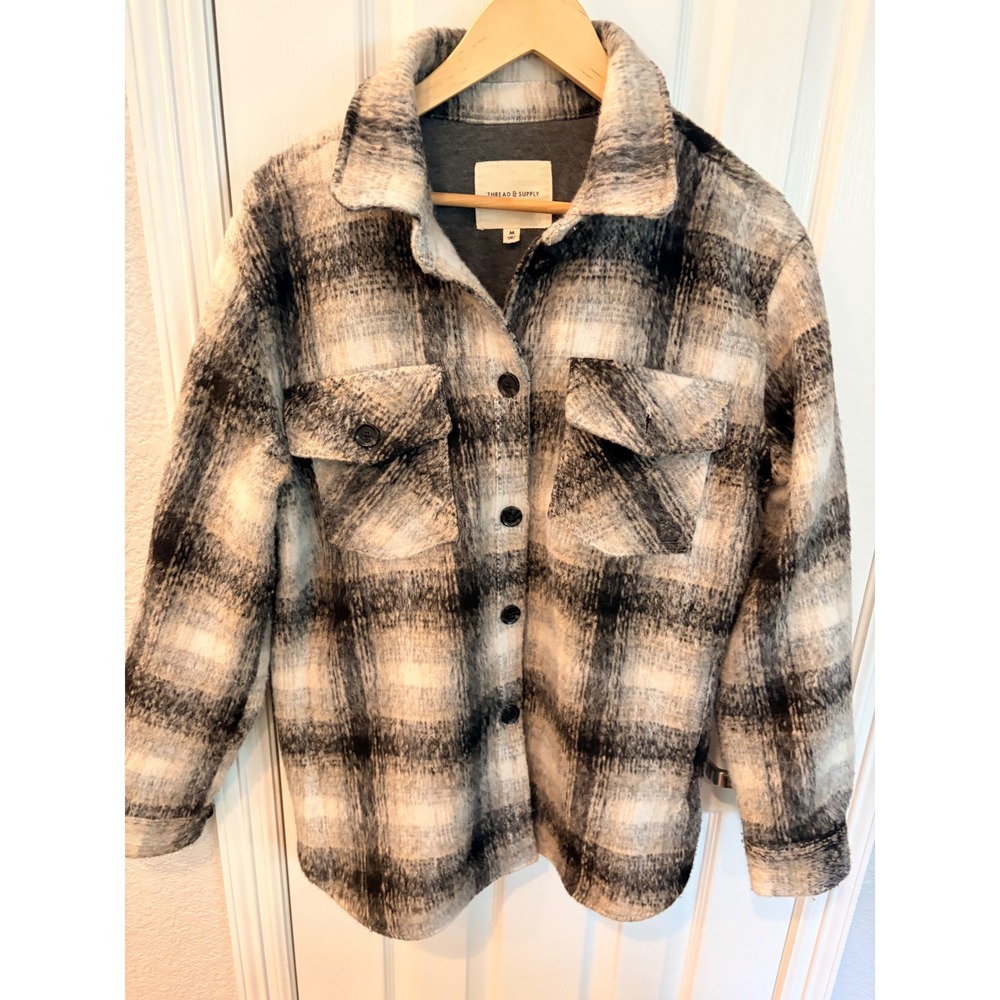 Thread & Supply Shacket Grey Plaid Button Down Shirt Jacket J7711PTS Pocket